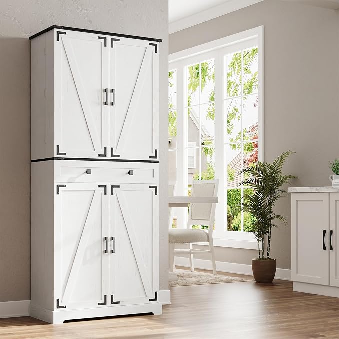 ELYKEN 72" Pantry Cabinet with Door Shelving & Sliding Shelves, Farmhouse Tall - Image 9
