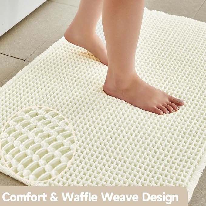 Cream White Long Bathroom Rugs, Waffle Runner Rug Bathroom Non Slip Washable - Image 3