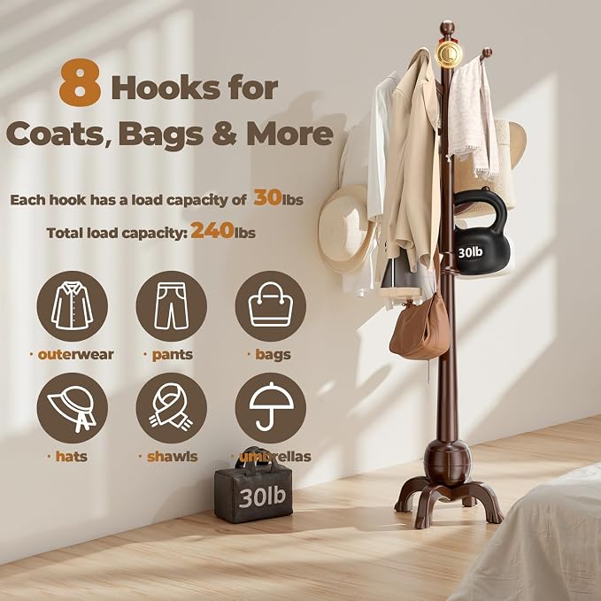 Wood Coat Rack Freestanding, Solid Wooden Hall Tree - Image 4