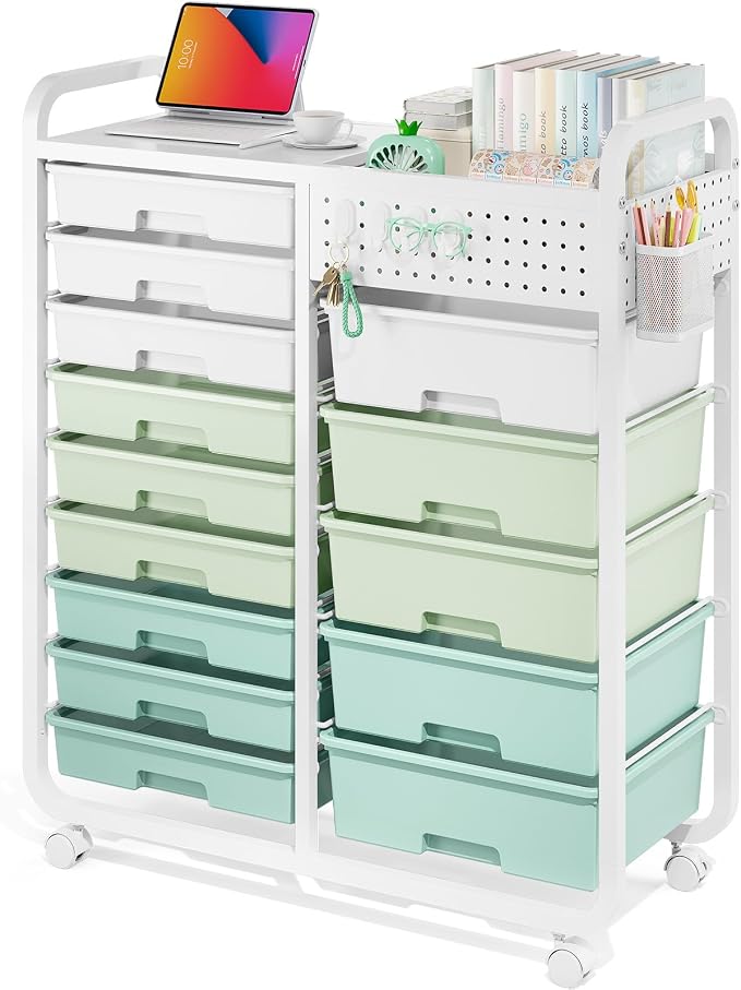 Rolling Storage Cart with 14 Drawers, Storage Organizer Cart with Tabletop and by APEXCHASER