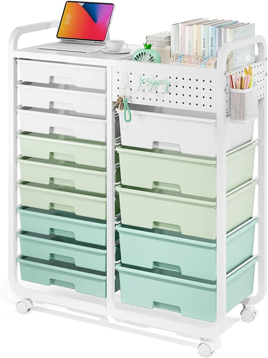 Rolling Storage Cart with 14 Drawers, Storage Organizer Cart with Tabletop and by APEXCHASER