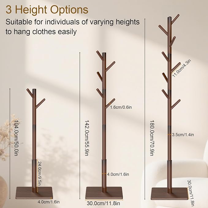 Coat Rack Freestanding with Stable Square Base, Entryway Furniture with 3 - Image 6