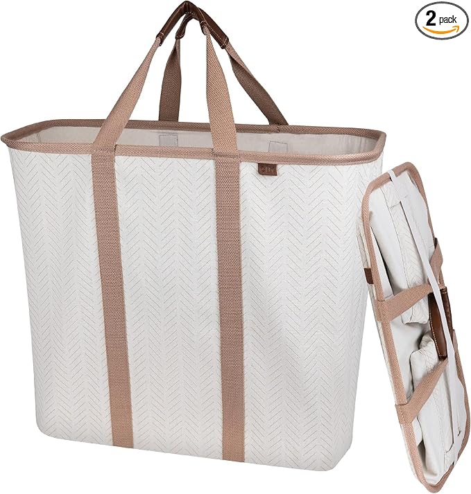 CleverMade Collapsible Laundry Caddy -LUXE Cream Herringbone 2Pack 64L by CleverMade