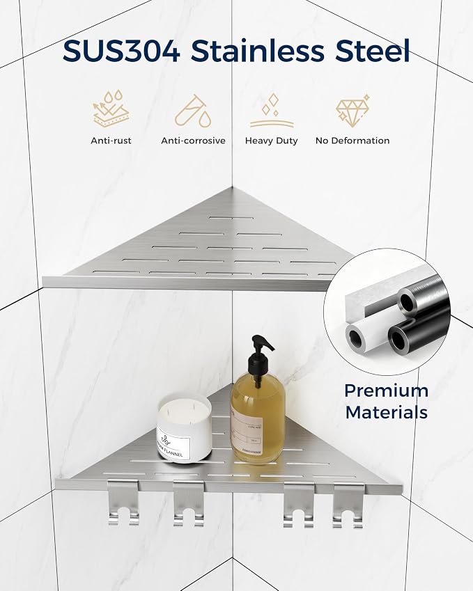 Corner Shower Shelf 10'', 304 Stainless Steel Corner Shelf 2 Pack, Grout in - Image 3