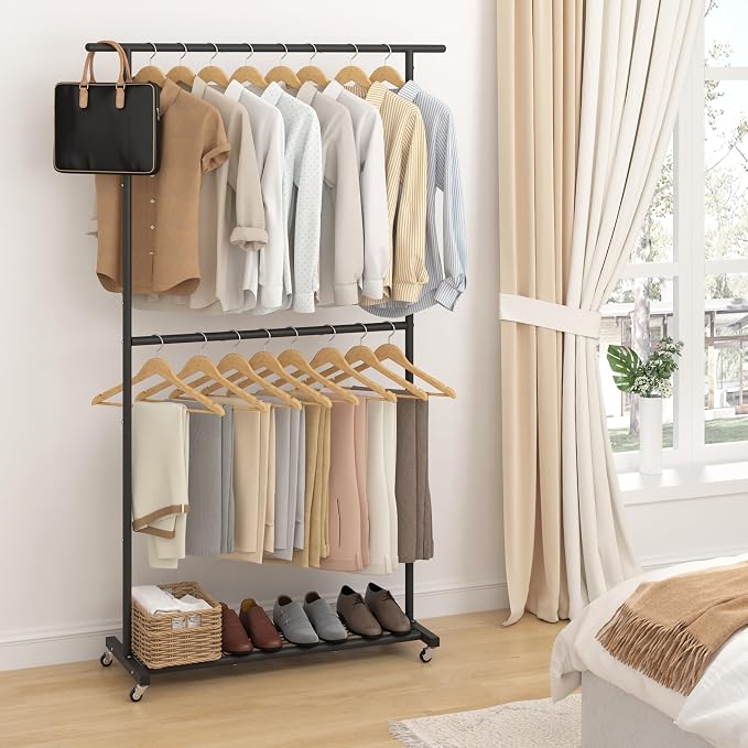Sywhitta Double Rod Clothing Garment Rack, Rolling Coat Hanger - Image 4