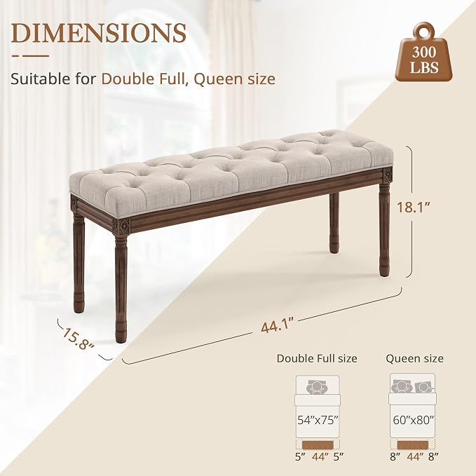 LUE BONA 44" Bedroom Bench, Fabric End of Bed Bench, Upholstered French Tufted - Image 3