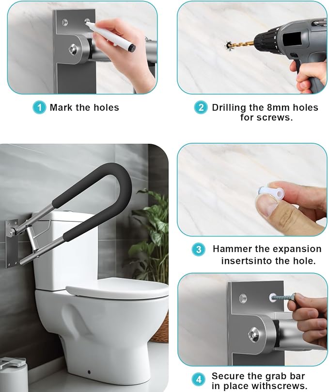 Foldable Toilet Safety Grab Bar, Aluminum Alloy Wall Mounted Handicap Support - Image 6