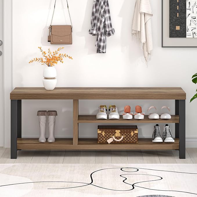 FOLUBAN Shoe Storage Bench, Industrial Entryway Bench, Modern Indoor Wood and - Image 7
