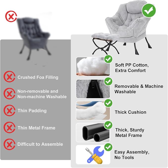 Lazy Chair with Ottoman, Modern Reading Chair with Folding Footrest, - Image 9