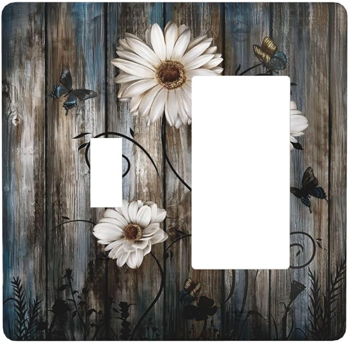 Rustic Wood Background Floral Butterfly Daisy Outlet Covers 1 Toggle 1 Rocker by Unknown