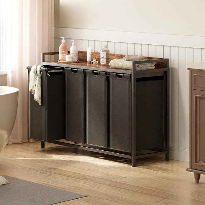 Laundry Hamper with Shelf, Laundry Basket 4 Section, Laundry Sorter with