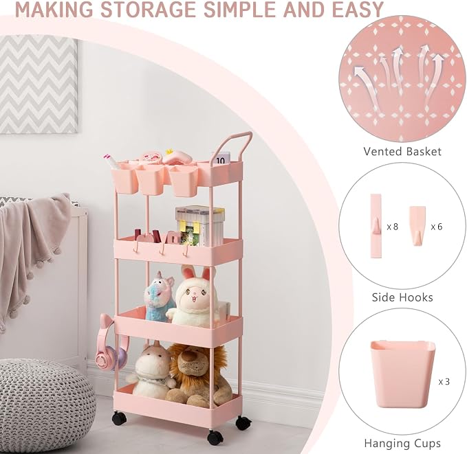 Danpinera 4-Tier Pink Slim Storage Cart, Narrow Laundry Cart - Image 3