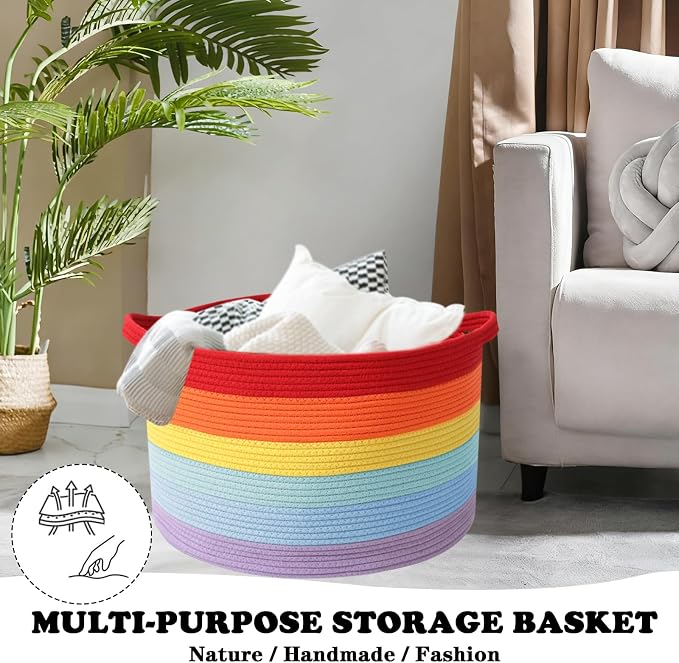 Large Storage Basket with Handle, 19.7" L x 19.7" W x 13" H Blanket Basket - Image 5