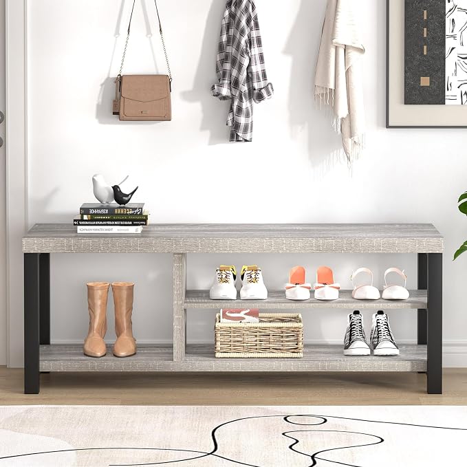 FOLUBAN Shoe Storage Bench, Rustic Wood Entryway Bench - Image 3