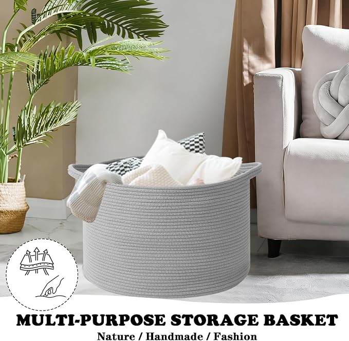 Large Storage Basket with Handle, 19.7" L x 19.7" W x 13" H Blanket Basket - Image 4
