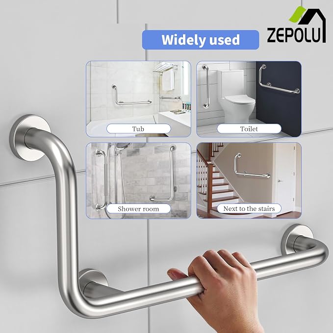 Brushed Nickel L-Shaped Grab Bar 12x24 Inch + Knurled Shower Grab Rail 20 Inch - Image 4