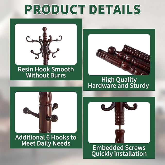 Wood Coat Rack Stand, Wooden Coat Rack Freestanding - Image 3