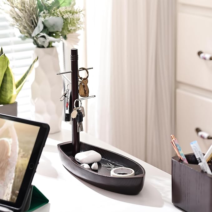 Entryway Key Holder Stand, 4 Metal Key Hooks and Storage Tray, Ash Solid Wood - Image 4