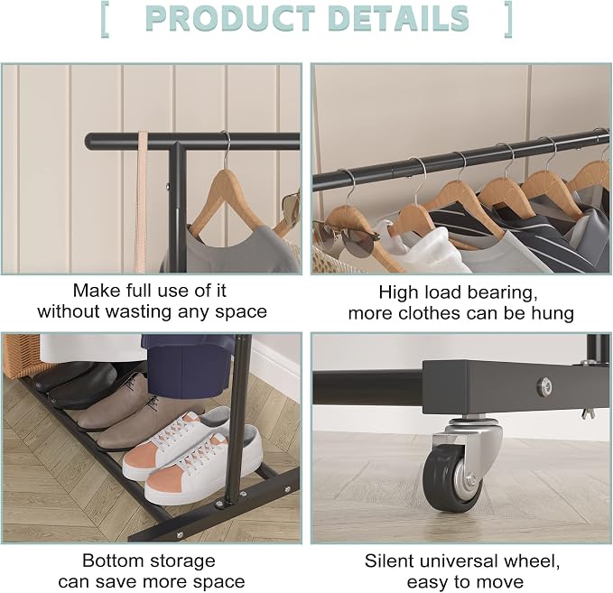 Sywhitta Double Rod Clothing Garment Rack, Rolling Clothes Organizer on Wheels - Image 6