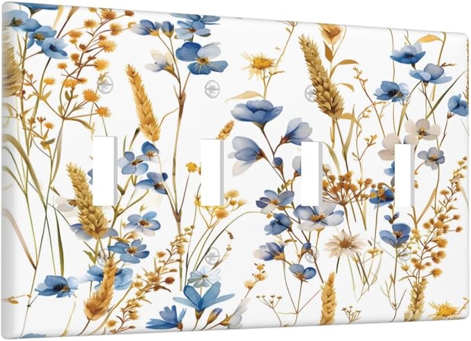 Vintage Wildflower Blue Gold Country Fall Wheat Floral Light Switch Covers Quad - Image 2
