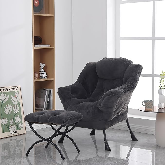 Lazy Chair with Folding Ottoman, Modern Accent Lounge Armchair with Armrests - Image 4