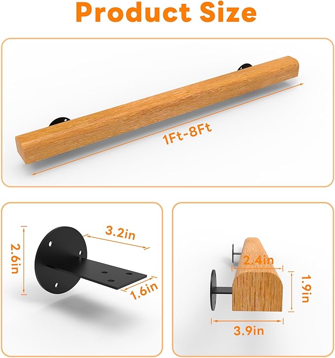 6FT Wood Stair Handrails Wall Mount, Hand Railings - Image 2