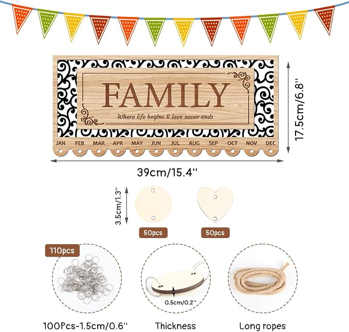 KAlRNE Family Birthday Reminder Board, Birthday Calendar Hanging Wooden Plaques - Image 2