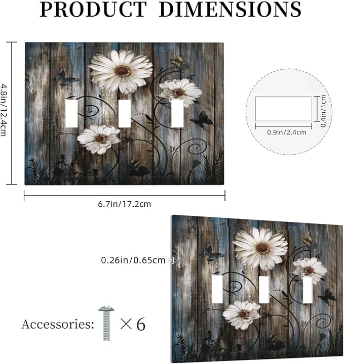 Rustic Wood Background Floral Butterfly Daisy Decorative Switch Plates 3 Gang - Image 5