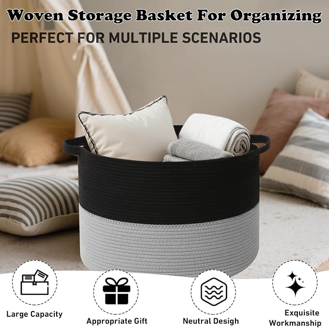 Large Storage Basket with Handle, 23.6" x 23.6" x 15.7" Blanket Basket Storage - Image 6