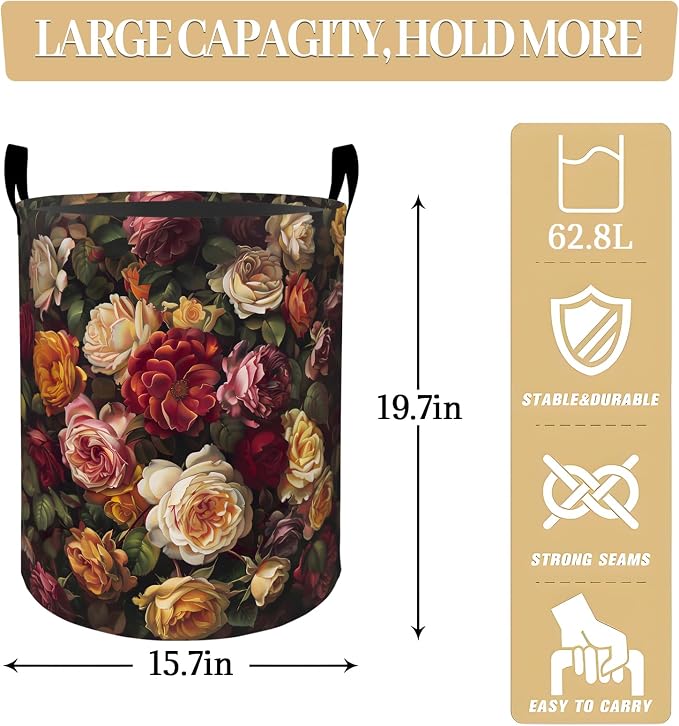 Lush Roses in Red and Yellow Shades Laundry Basket, Dorm Nursery Foldable - Image 2
