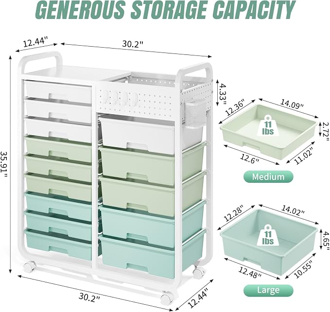 Rolling Storage Cart with 14 Drawers, Storage Organizer Cart with Tabletop and - Image 3