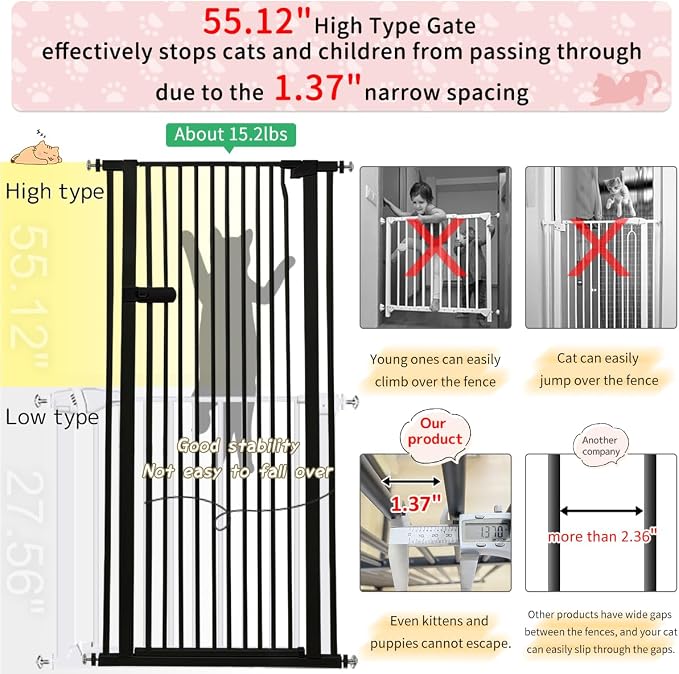 Lumizone Extra Tall Cat Gate 55.12" High Pressure Mounted Extra Wide 2025 New - Image 4
