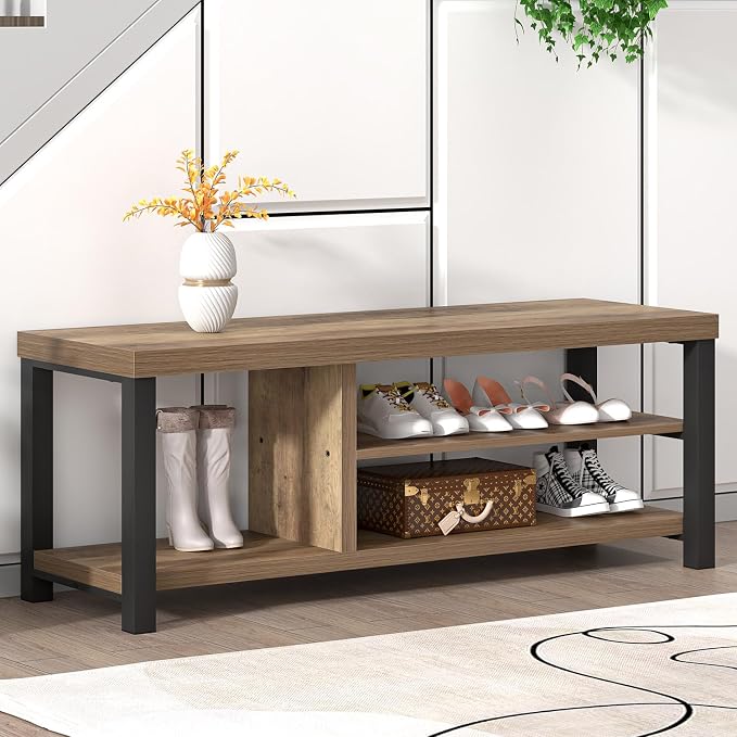 FOLUBAN Shoe Bench for Entryway, Wood and Metal Indoor Bench - Image 8