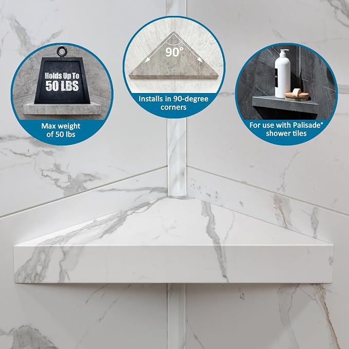 Palisade Vinyl Waterproof Corner Shower Shelf in Carrara Marble/Urban Glacier - Image 7