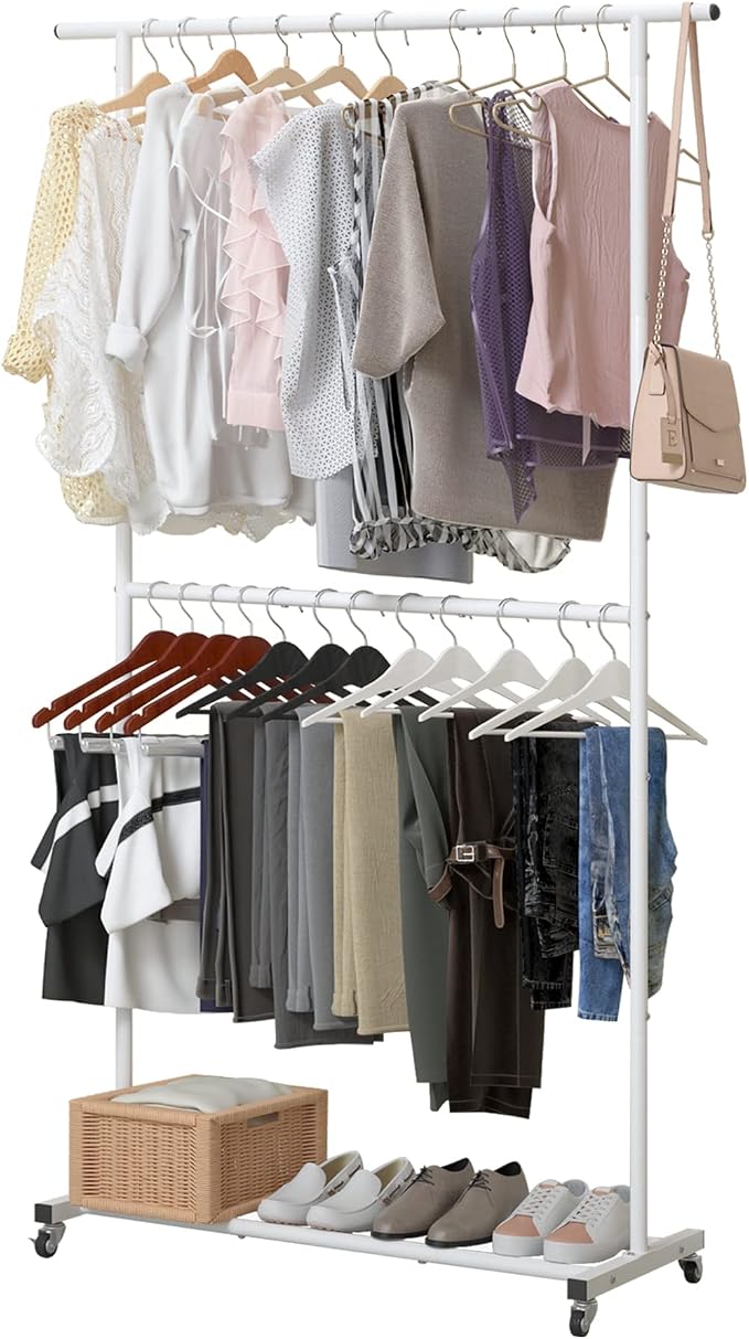 Sywhitta Double Rod Clothing Garment Rack, Rolling Clothes Organizer on Wheels by haseverythingyouneed
