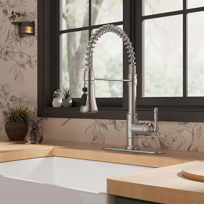 FORIOUS Vintage Kitchen Faucet Pull Down Sprayer Brushed Nickel Stainless Steel - Image 8