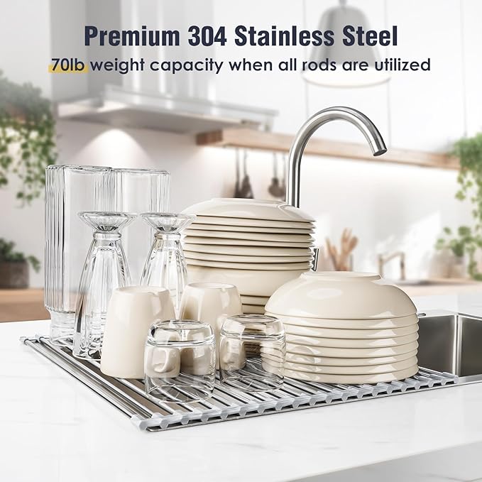 Tomorotec Stainless Steel Roll-Up Dish Drying Rack Marble Color Silicone Edges - Field & Grace