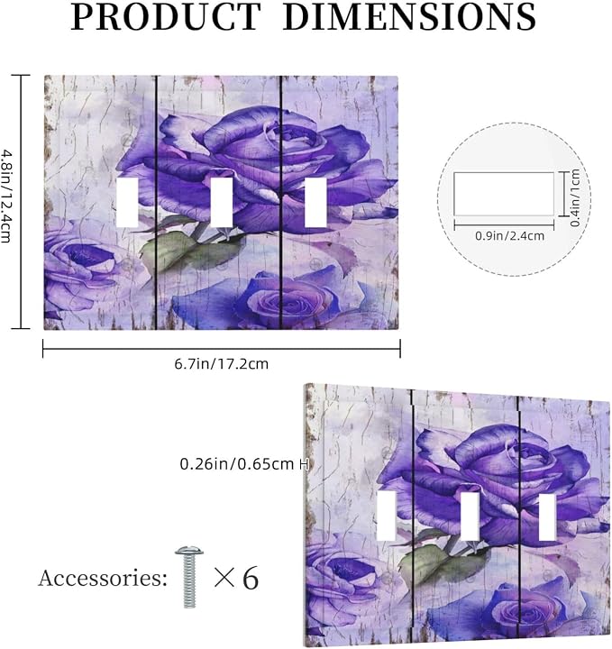 Light Switch Cover Purple Rose Flower Rustic Wood Plank 3 Gang Wall Plate - Image 5