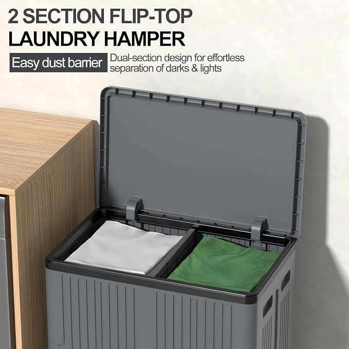 120 L Collapsible 2 Section Laundry Hamper, Plastic Rolling Laundry Basket 2 - Image 4