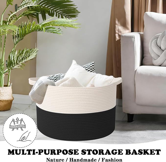 Large Storage Basket with Handle, 19.7" L x 19.7" W x 13" H Blanket Basket - Image 5