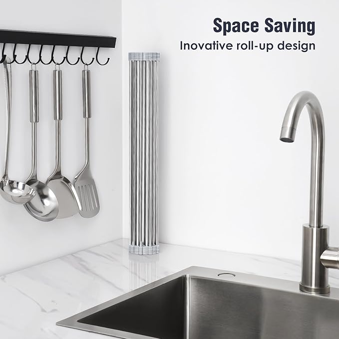 Tomorotec Stainless Steel Roll-Up Dish Drying Rack Marble Color Silicone Edges - Field & Grace