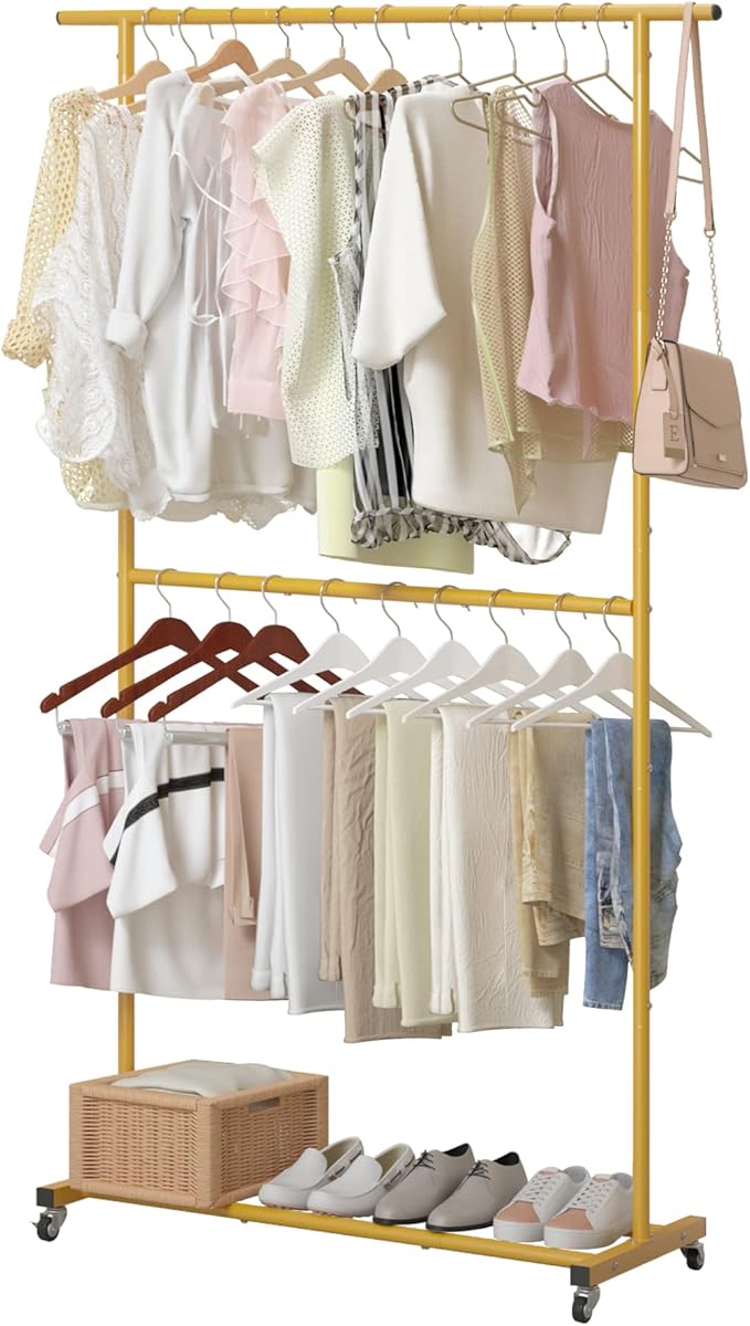 Sywhitta Double Rod Clothing Garment Rack, Rolling Clothes Organizer on Wheels by haseverythingyouneed