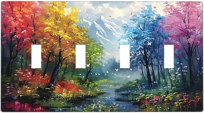 Colorful Forest Snow Mountain River Oil Painting Style Light Switch Covers Quad by Unknown