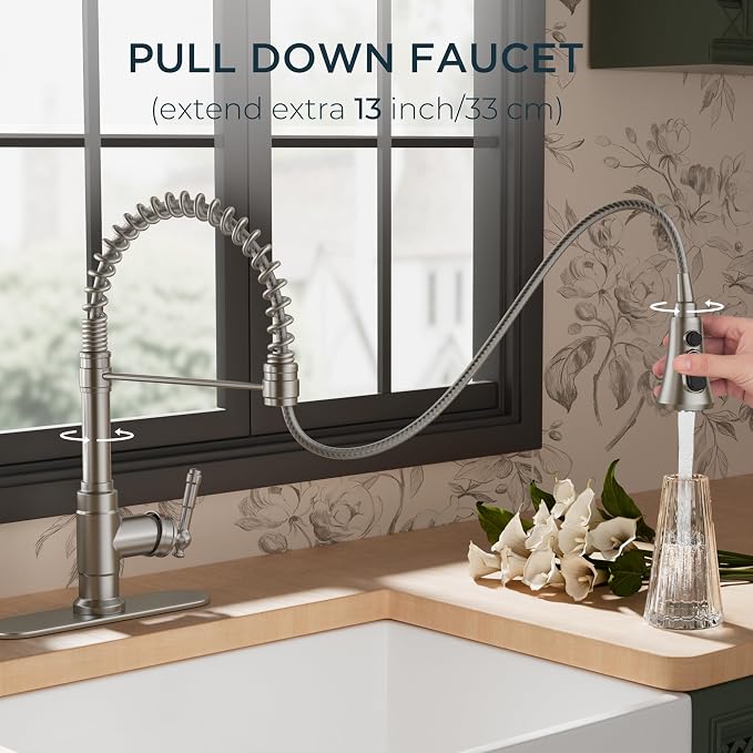 FORIOUS Vintage Kitchen Faucet Pull Down Sprayer Brushed Nickel Stainless Steel - Image 3