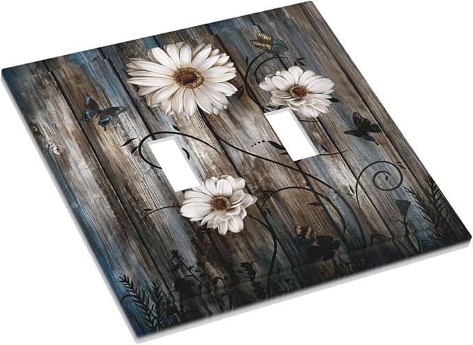 Rustic Wood Background Floral Butterfly Daisy Decorative Switch Plates 2 Gang - Image 3