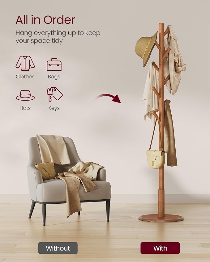 VASAGLE Solid Wood Coat Rack, Free Standing Hall Coat Tree - Image 3