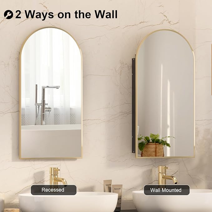 Recessed Medicine Cabinet for Bathroom, Brushed Gold Arched Medicine Cabinet - Image 3