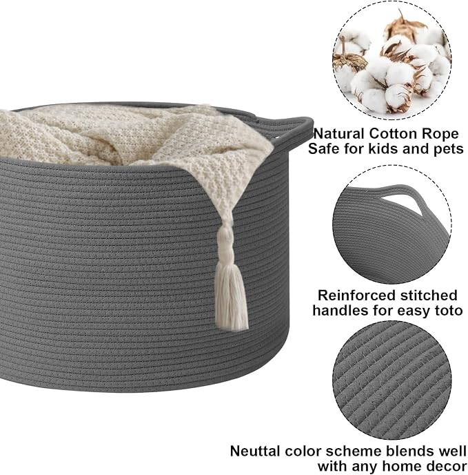 Large Storage Basket with Handle, 19.7" L x 19.7" W x 13" H Blanket Basket - Image 3