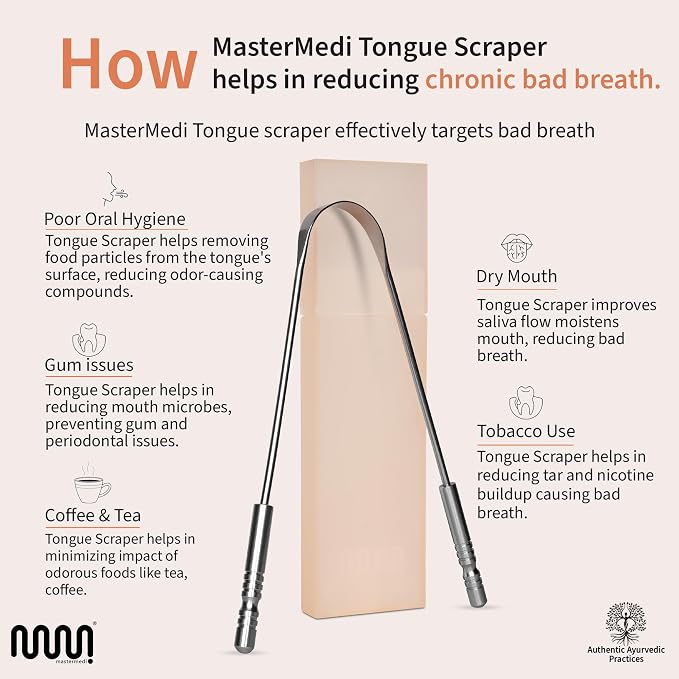 MasterMedi Tongue Scraper for Adults, 100% Stainless Steel Scrubber for Bad - Image 3