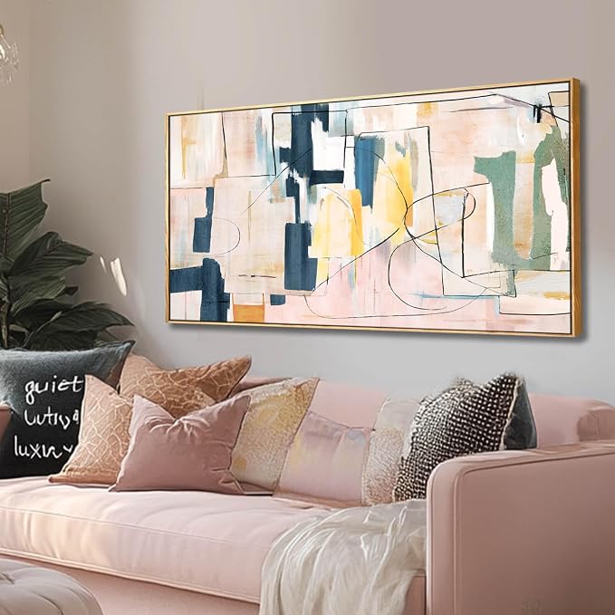 Artexist Large Abstract Canvas Wall Art Pink Painting Yellow Bedroom Decor Navy by Artexist